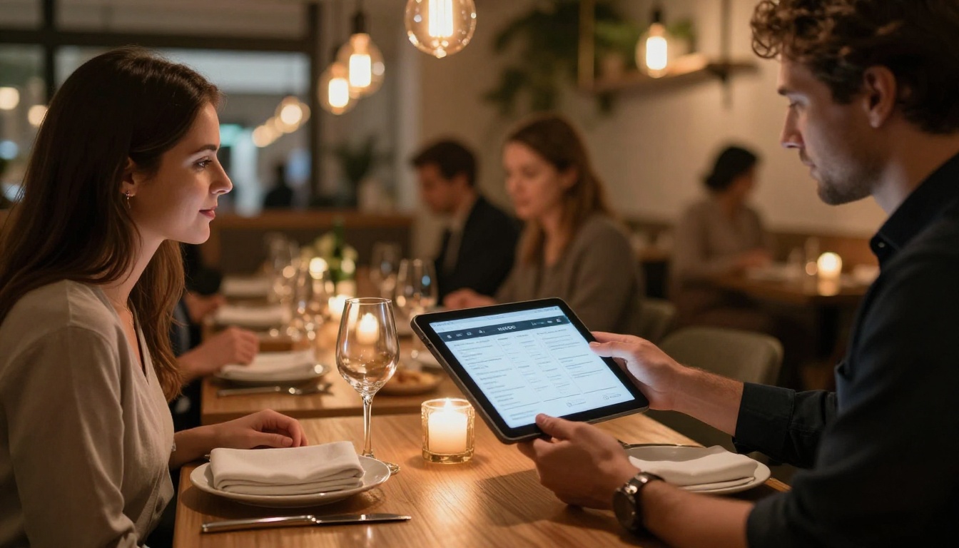 Waiter presenting interactive digital menu flipbook to restaurant couple