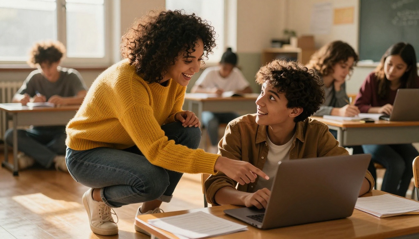 Teacher and student sharing a genuine moment looking at laptop screen together