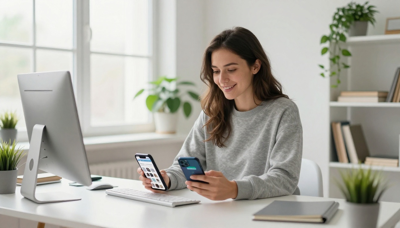 Woman smiling while comparing flipbook apps on two smartphones side by side at white desk in bright Scandinavian home office