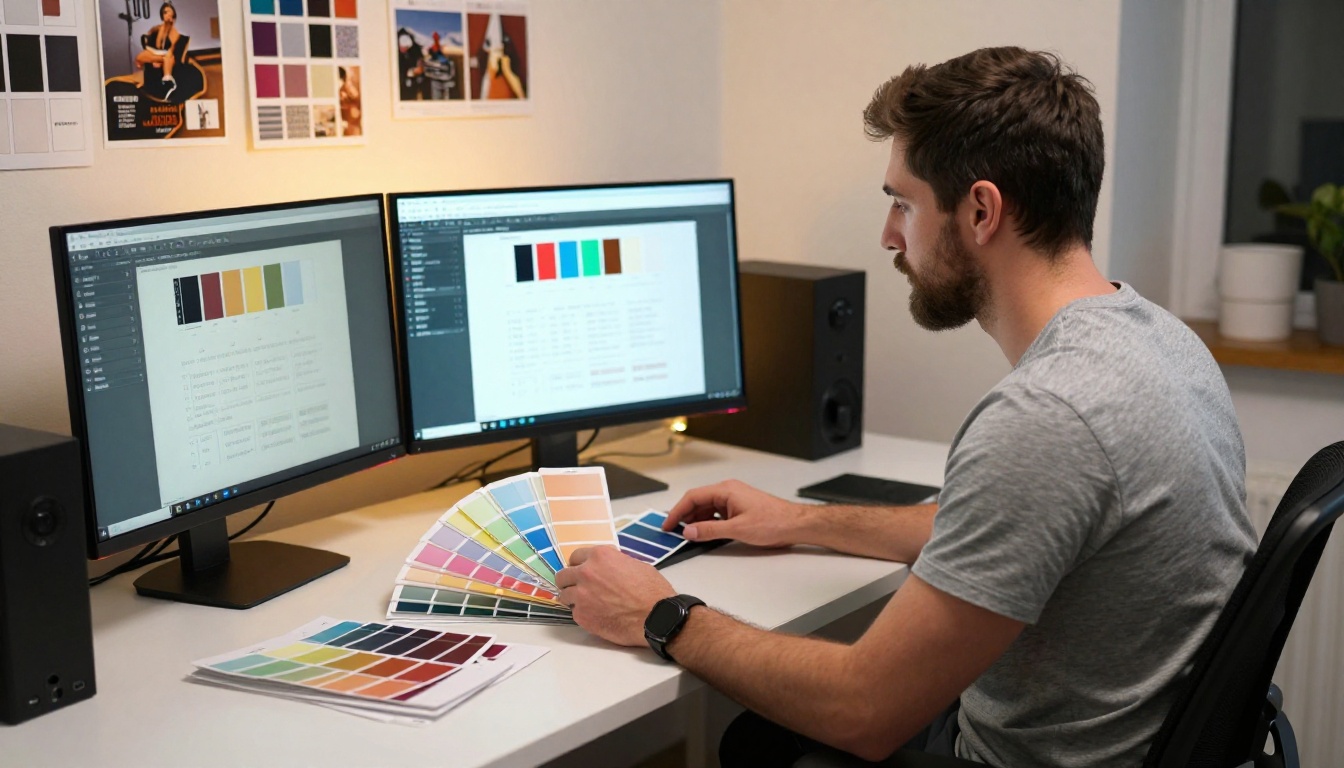 Designer working on branding and color schemes for a digital publication