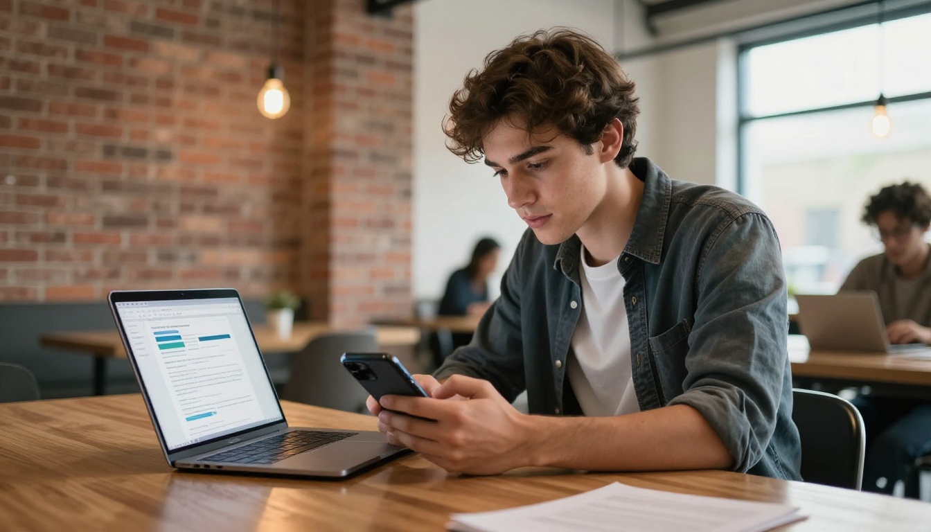 Young creative professional uploading PDF to flipbook app on smartphone propped against laptop in industrial co-working space