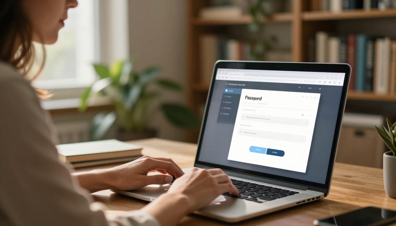 Woman at home office laptop displaying password-protected digital flipbook interface