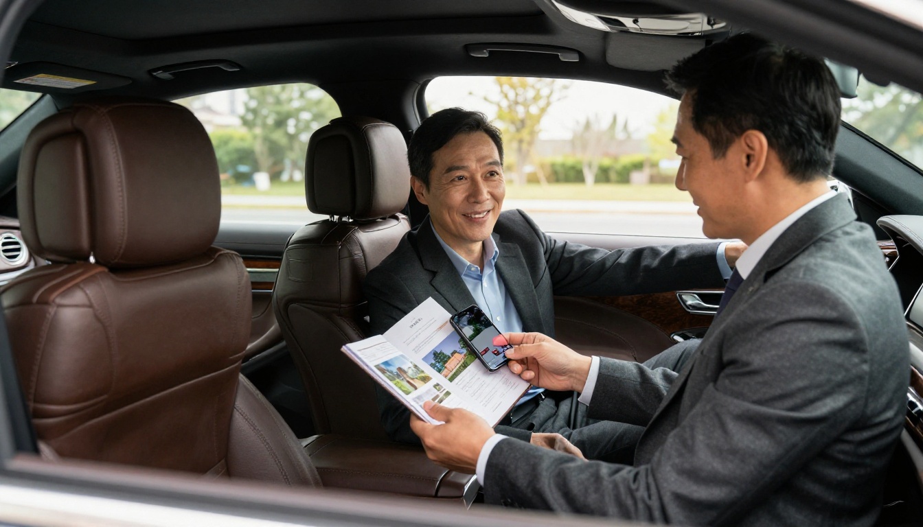Real estate agent in business suit showing property brochure flipbook on smartphone to smiling client in luxury car interior