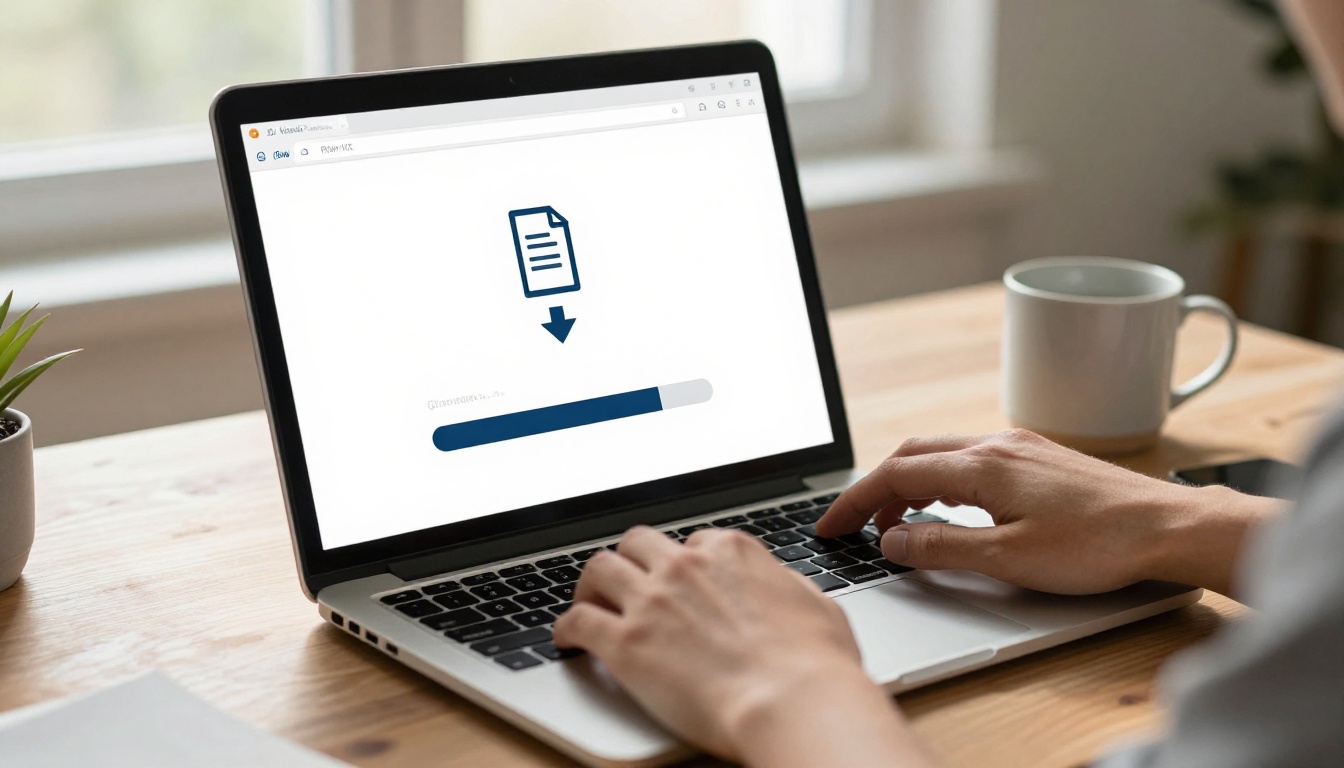 Person uploading a PDF document on a laptop in a home office