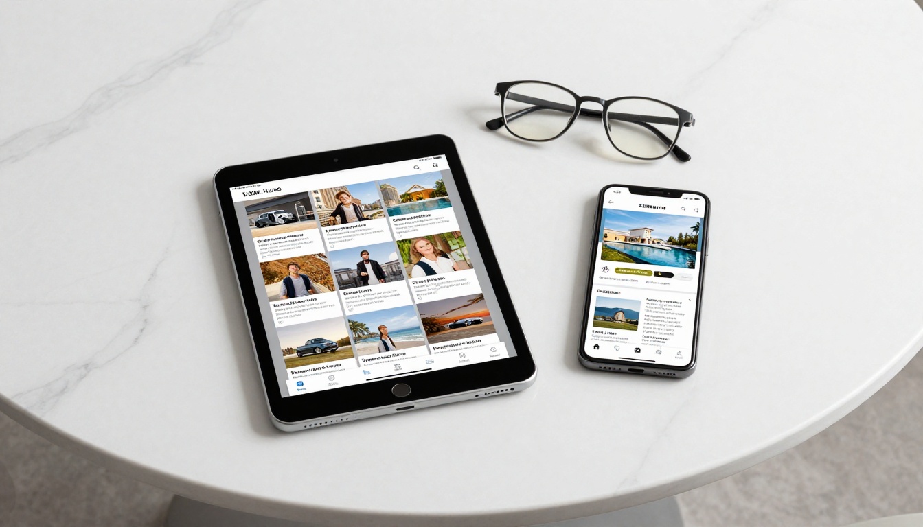 iPad and smartphone displaying the same flipbook in different orientations on a marble surface