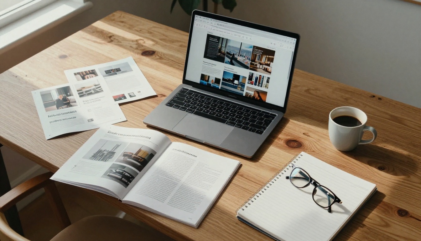 Aerial overhead shot of a creative workspace with printed and digital publications spread across an oak table alongside an open MacBook Pro showing a flipbook interface