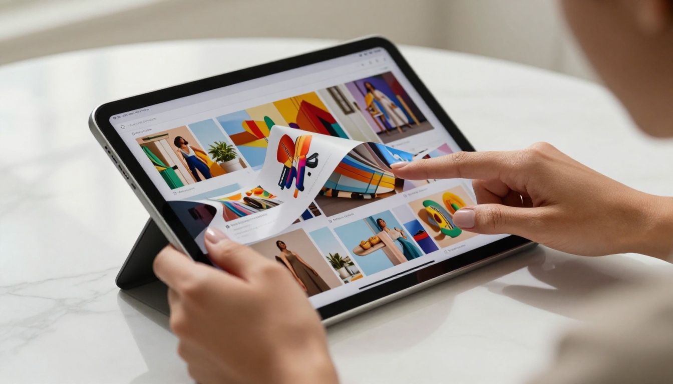 Interactive digital brochure displayed on iPad with page-flip animation on marble surface