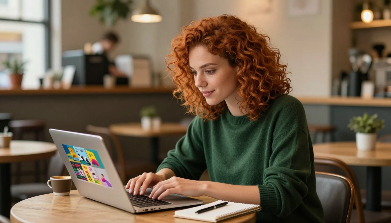 A stylish woman with curly auburn hair reviewing a digital flipbook on her laptop at a window table in a cozy coffee shop