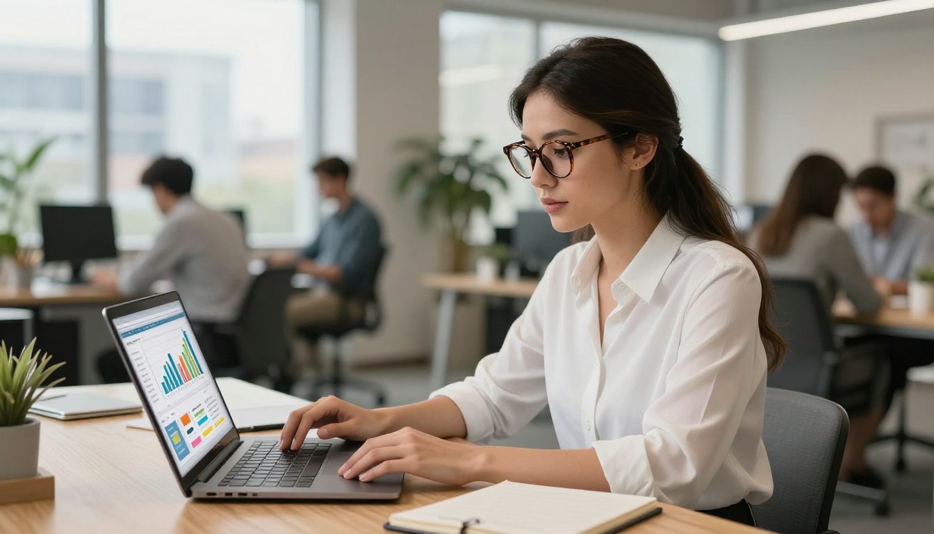Marketing professional reviewing brochure analytics dashboard on laptop in bright open-plan office