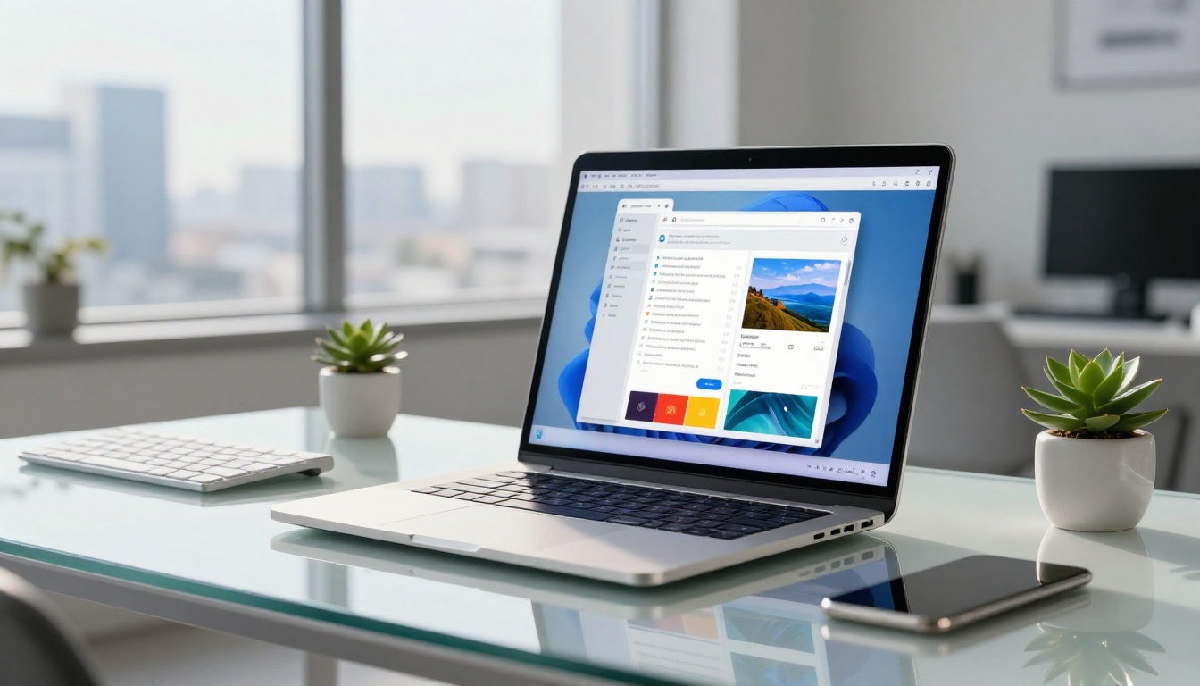 Low-angle shot looking up at a sleek silver laptop on a glass desk displaying a vivid colorful page-flip animation in a browser window with a blurred city view in the background