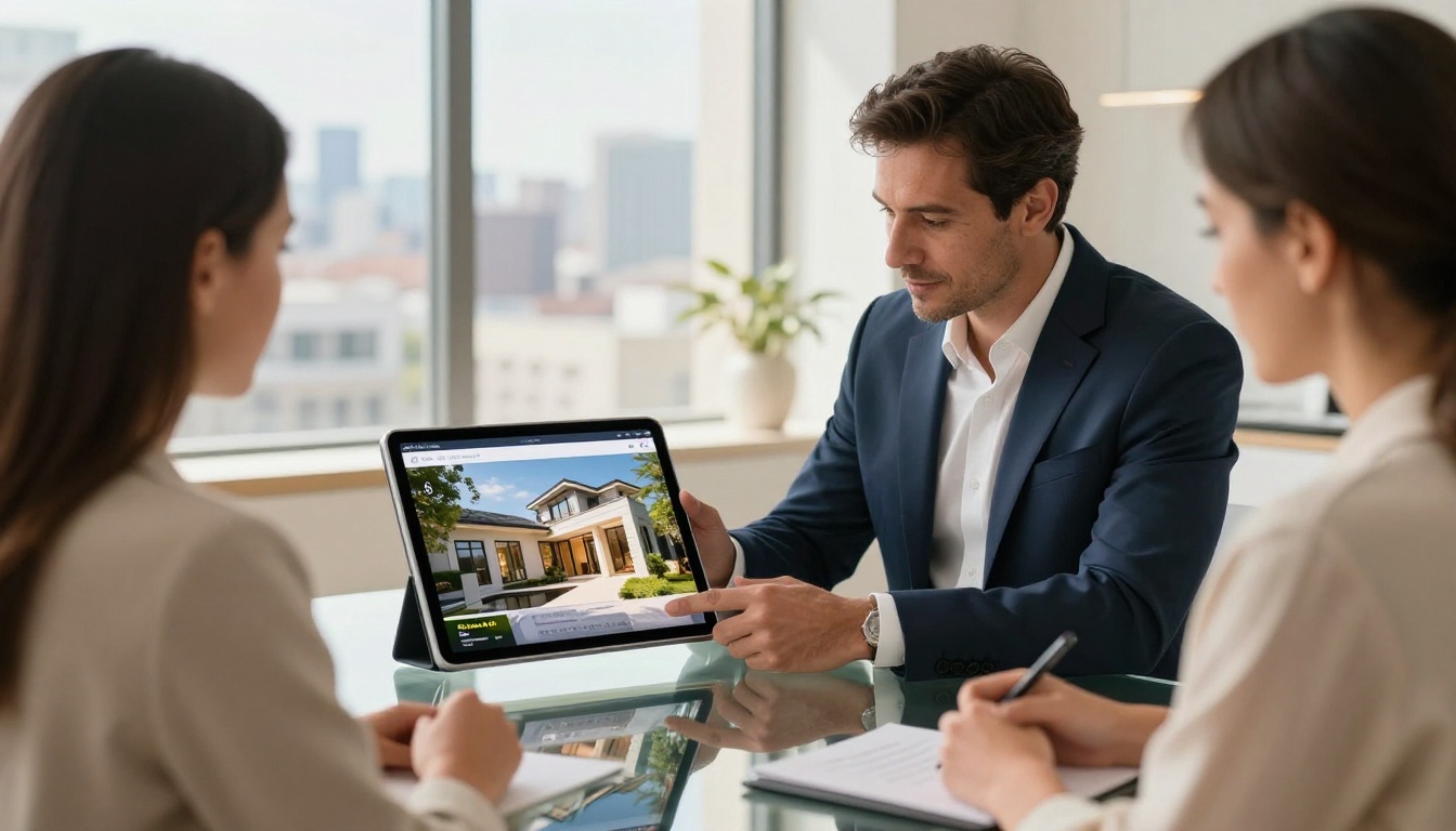 Real estate agent showing luxury property digital brochure on iPad to clients in modern office