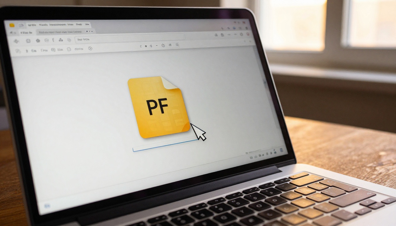 Close-up of a laptop screen showing a PDF document file icon being dragged into a web browser upload zone with highlighted drop area