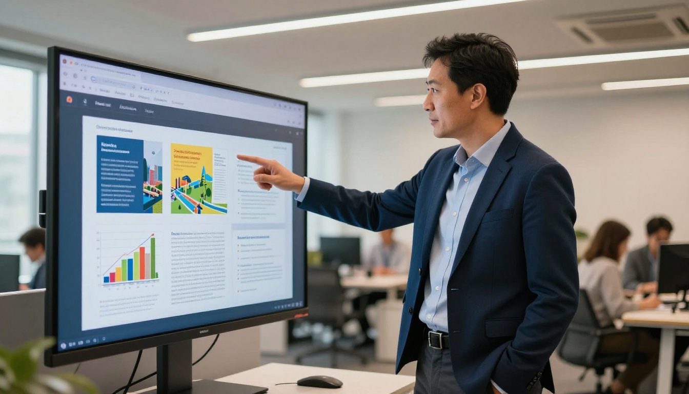 A confident businessman in a navy blazer presenting a colorful digital brochure as an interactive flipbook on a large office wall monitor