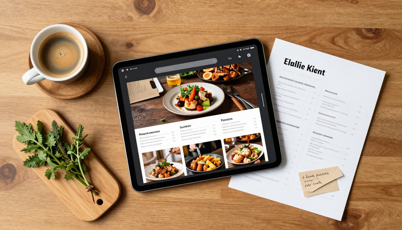 Restaurant owner reviewing digital menu brochure on tablet alongside printed menu in warm overhead flat-lay