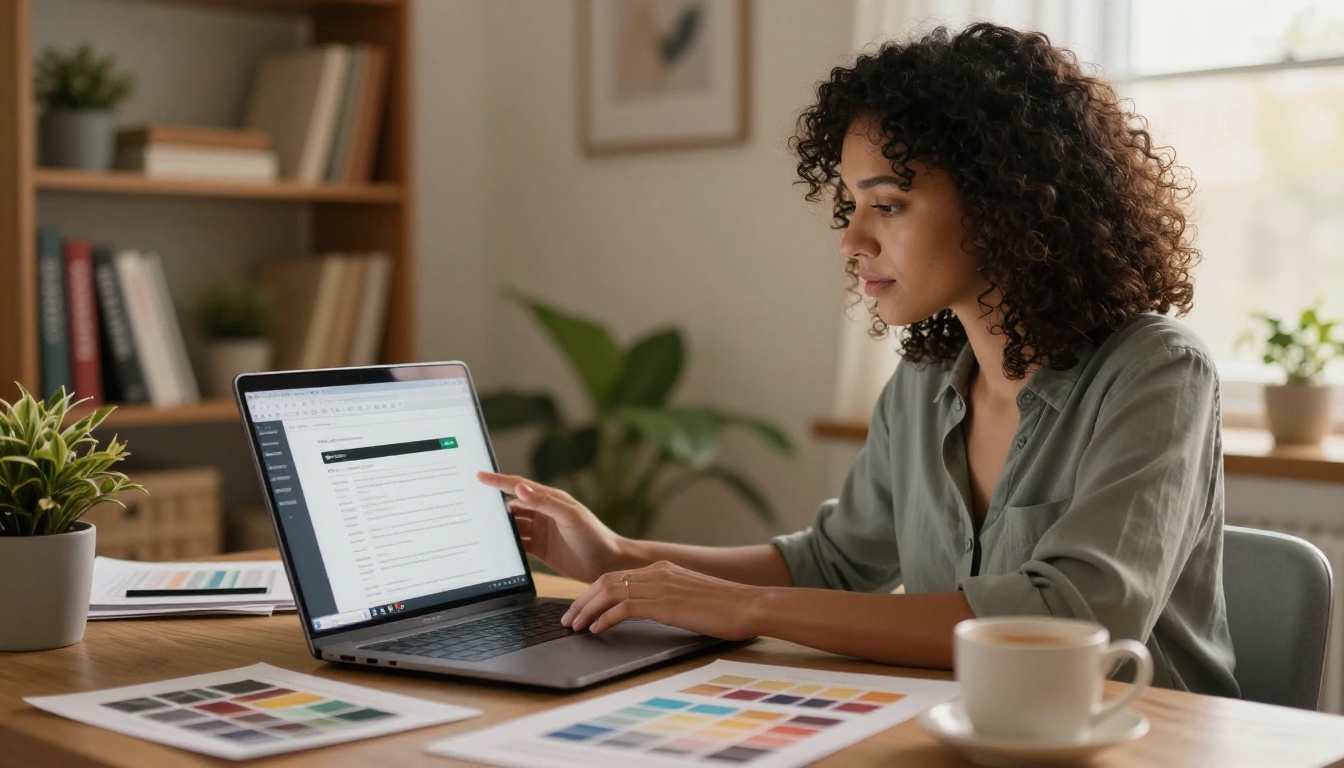 Small business owner with natural curly hair uploading PDF to create digital brochure on laptop in warm home office