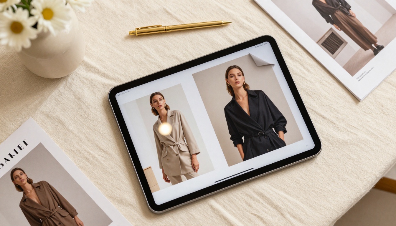 Overhead flat-lay shot of a tablet displaying a fashion catalog as a digital flipbook with fabric swatches and white flowers arranged beside it on cream linen
