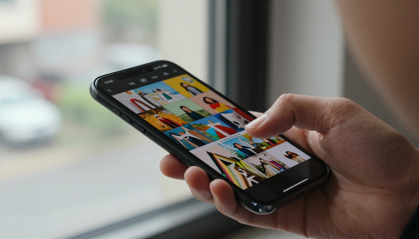 A person holding a modern smartphone displaying a colorful interactive flipbook near a large window with natural daylight creating rim lighting on the hand and phone edges