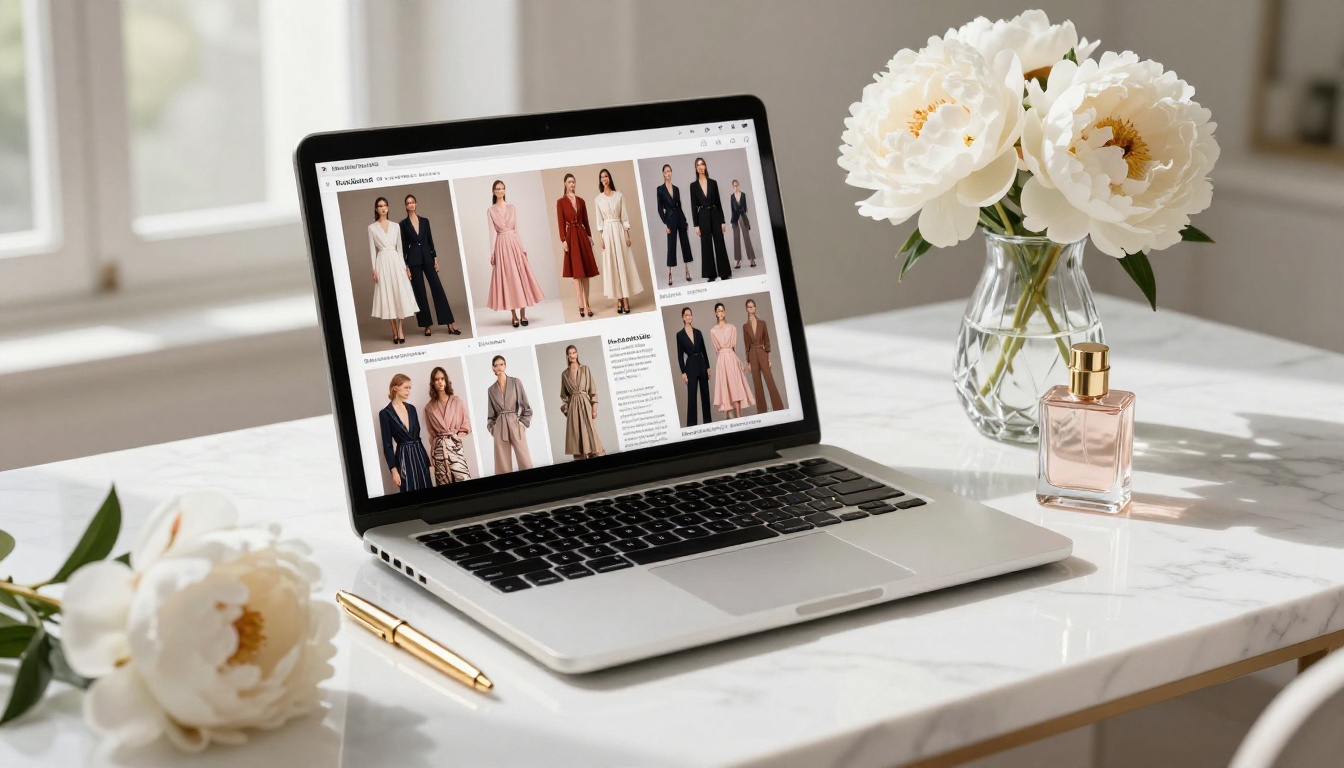 Fashion lookbook displayed on open laptop on elegant white marble desk beside white peonies and gold pen