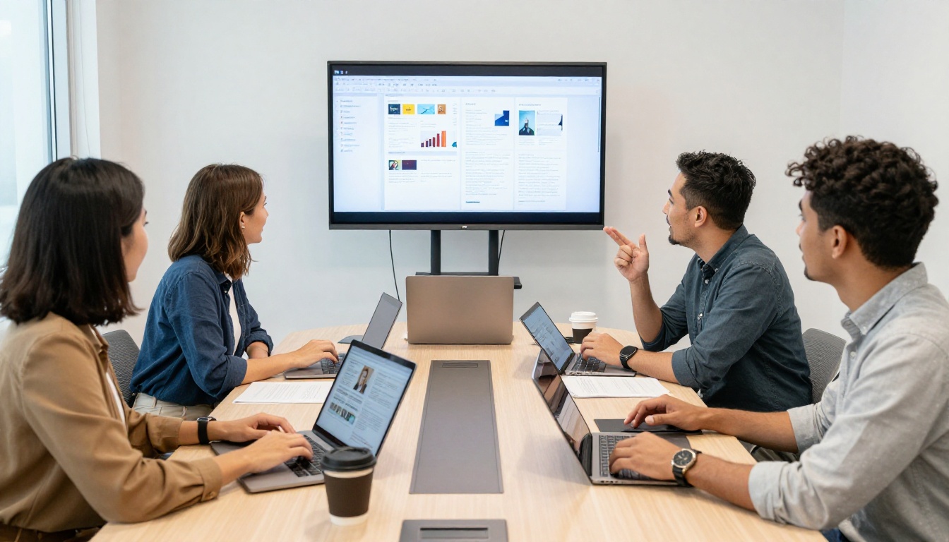 A diverse creative team of four professionals gathered around a conference table with tablets and laptops reviewing digital publications in a bright modern meeting room