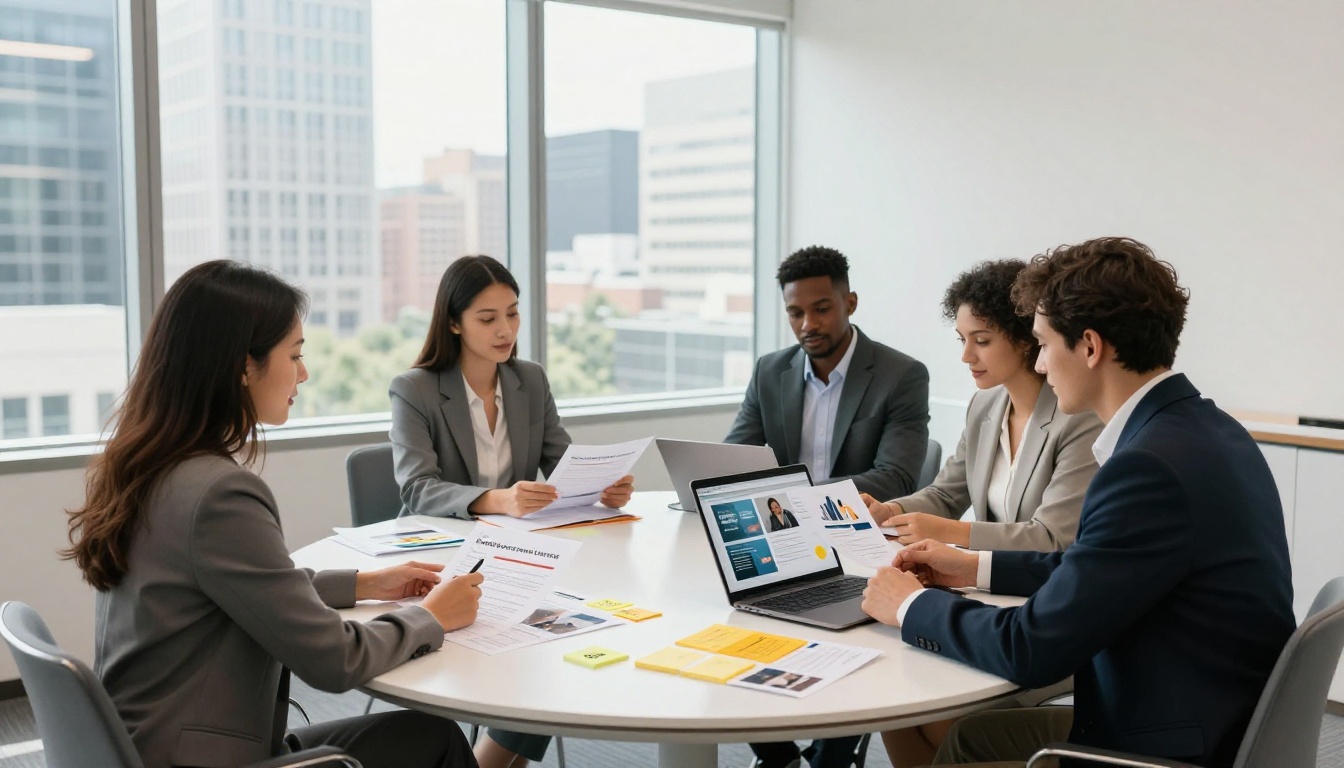 Four diverse marketing professionals comparing printed and digital brochures around a glass conference table