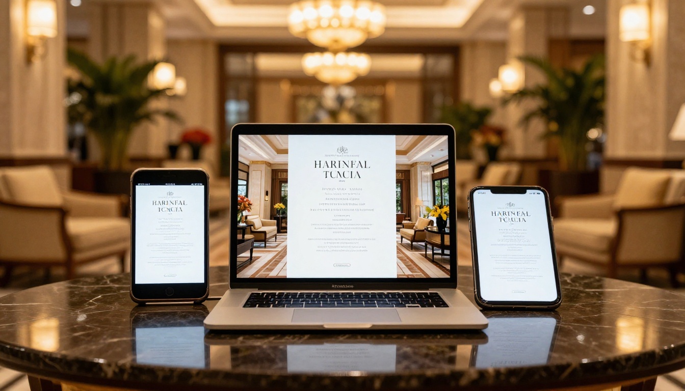 Luxury hotel brochure displayed across MacBook, iPad, and iPhone on polished dark marble in hotel lobby