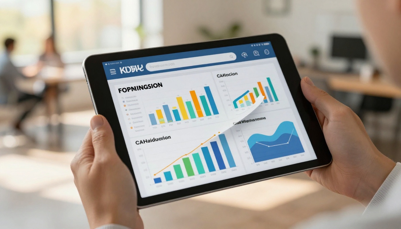 Professional holding tablet displaying vibrant interactive brochure with colorful infographic charts in bright coworking space