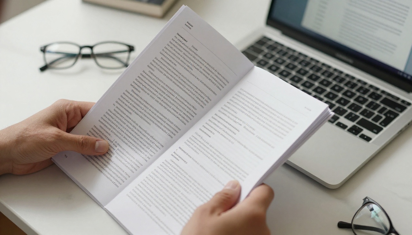 Hands reviewing a PDF document next to a laptop showing a flipbook interface