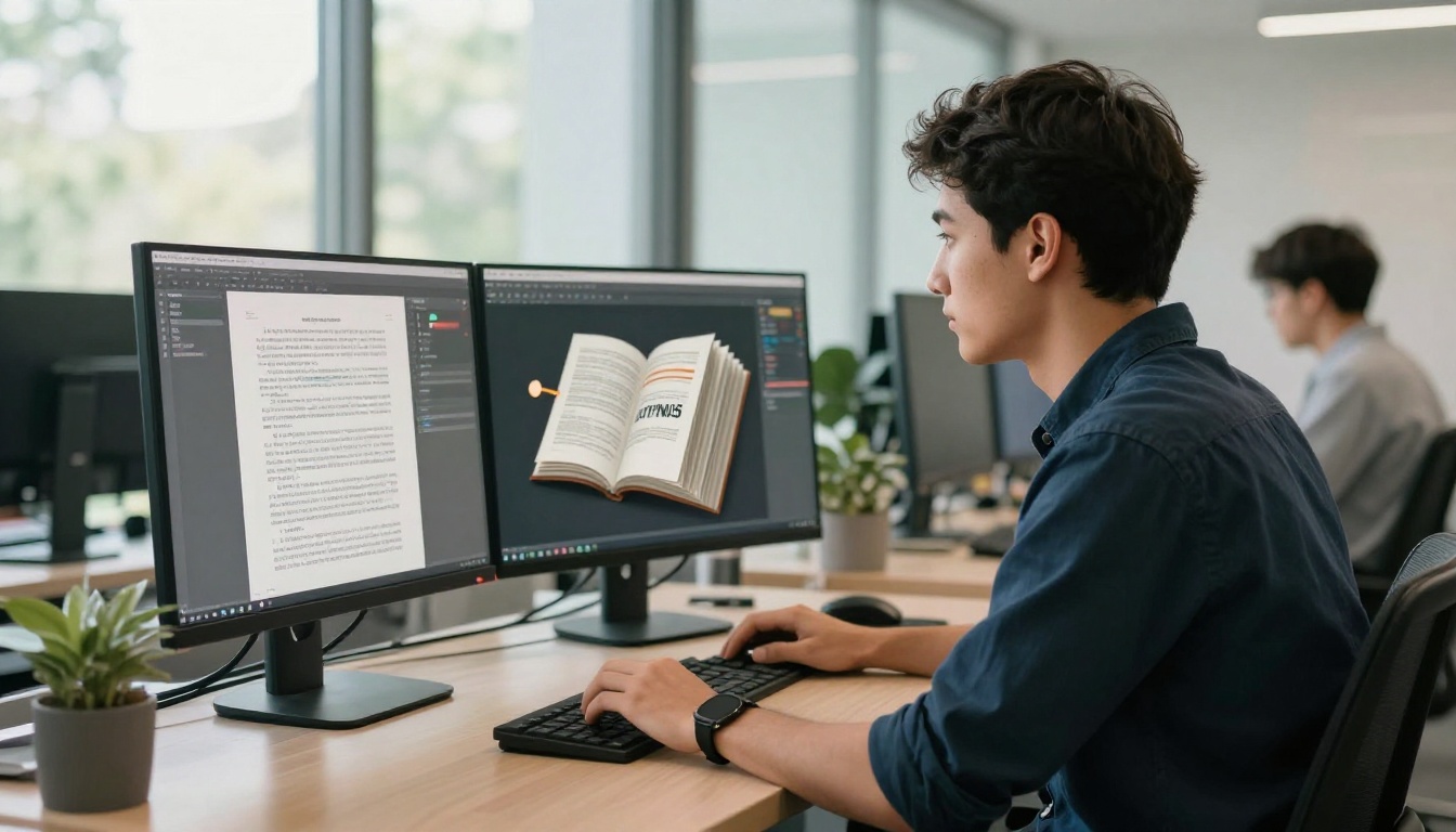 Man at a standing desk comparing a static PDF and an animated flipbook side by side on an ultrawide monitor