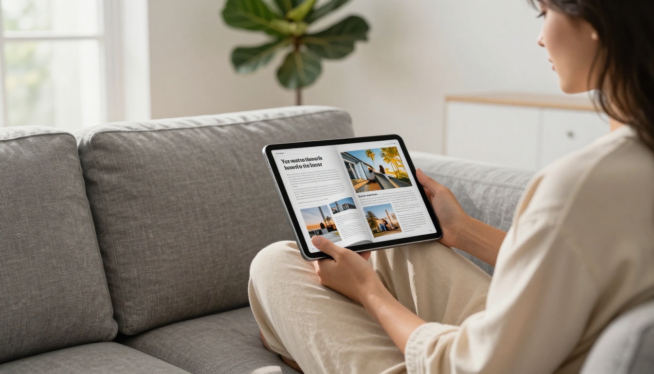 Woman sitting cross-legged on a sofa viewing a digital magazine flipbook on a tablet