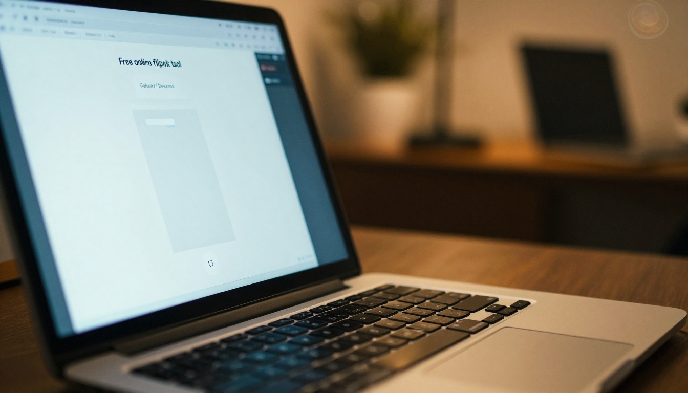 Laptop screen showing a flipbook tool upload interface with a drag-and-drop PDF area