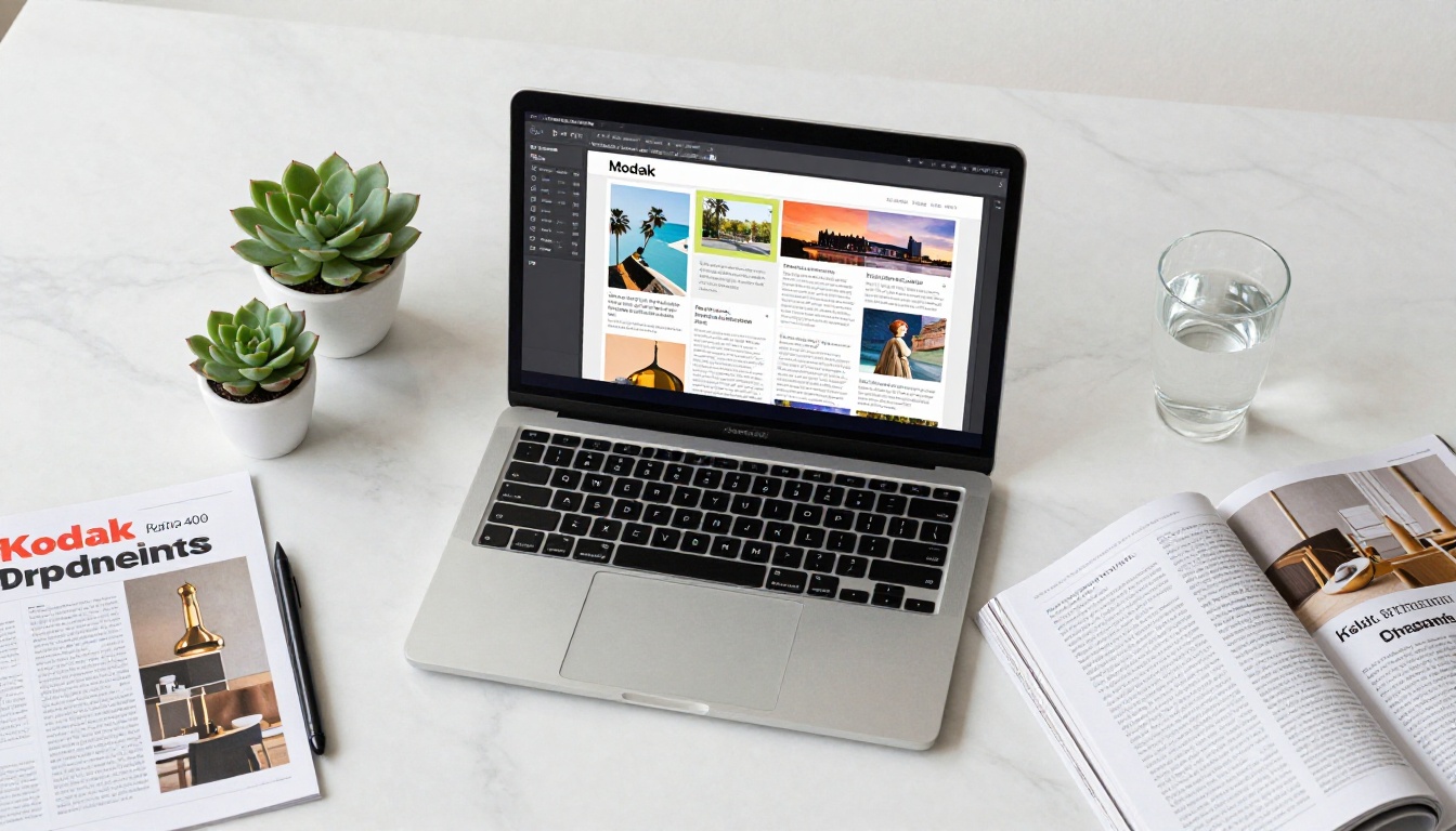 Creative workspace with digital magazine spread across a marble desk Creative workspace with digital magazine spread across a marble desk
