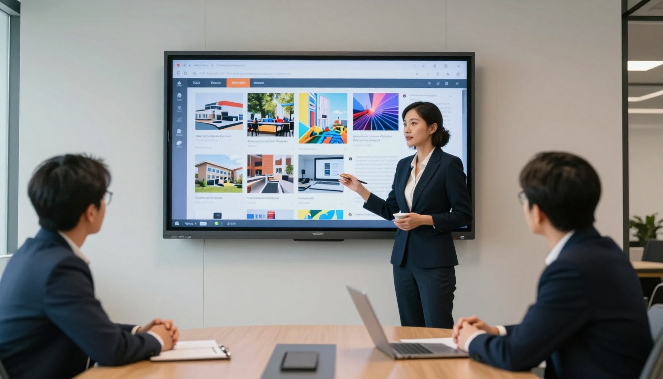 Marketing professional presenting a flipbook product catalog on a large wall screen to attentive colleagues