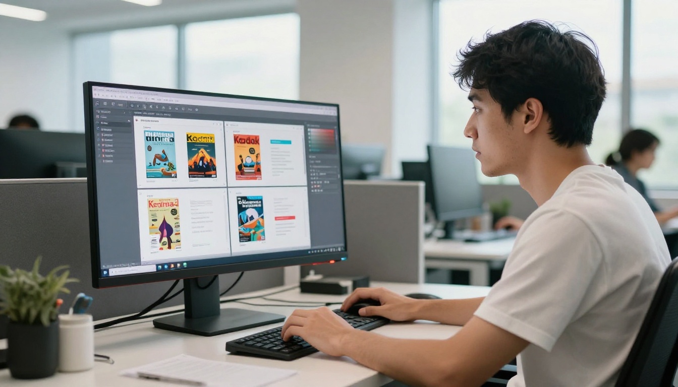 Young man comparing digital magazine tools on a large office monitor Young man comparing digital magazine tools on a large office monitor
