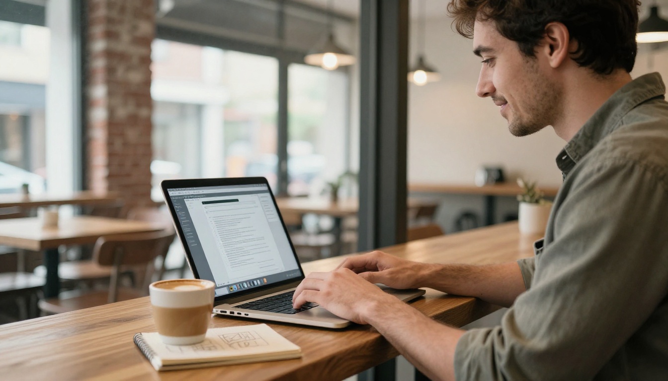 Freelancer sitting at a wooden café table working on converting a PDF to flipbook on a compact laptop