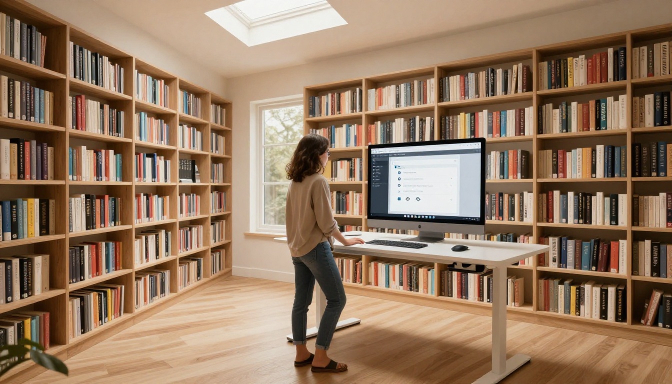Woman standing at a home library desk with a flipbook publishing interface showing sharing and embed settings