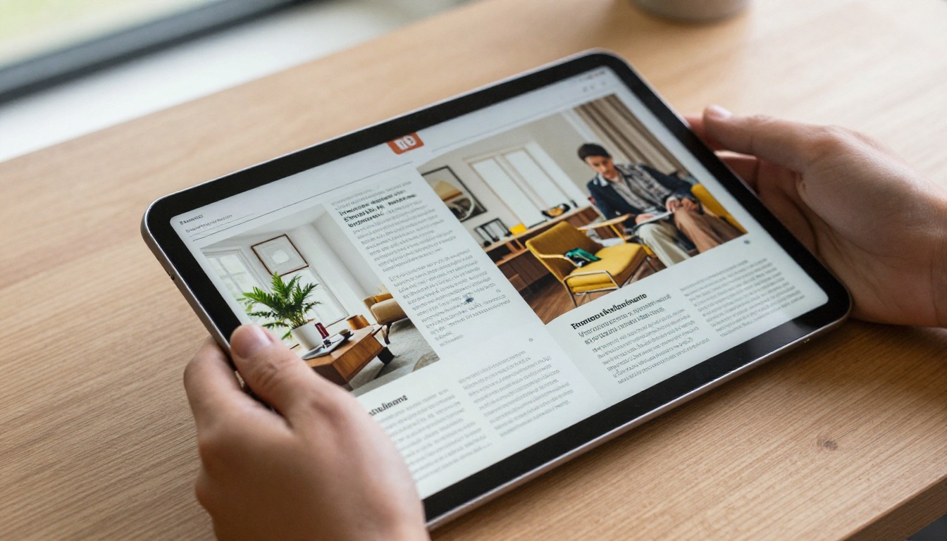 Hands holding a tablet displaying a beautifully designed digital magazine with page-turn animations in soft natural daylight