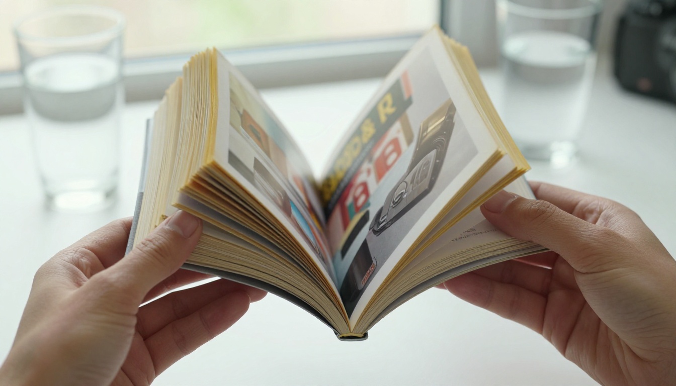 Extreme close-up of two hands holding a thick multi-page flipbook open mid-flip, individual paper fibers visible under soft diffused daylight, pages with natural curl showing a printed product catalog Extreme close-up of two hands holding a thick multi-page flipbook open mid-flip, individual paper fibers visible under soft diffused daylight, pages with natural curl showing a printed product catalog