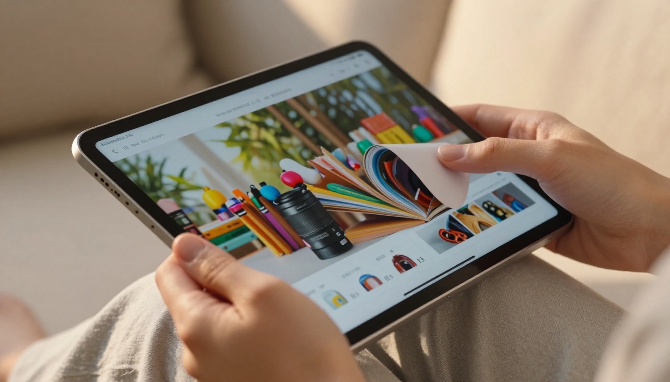 Close-up of tablet showing interactive digital flipbook with page-turn effect Close-up of tablet showing interactive digital flipbook with page-turn effect
