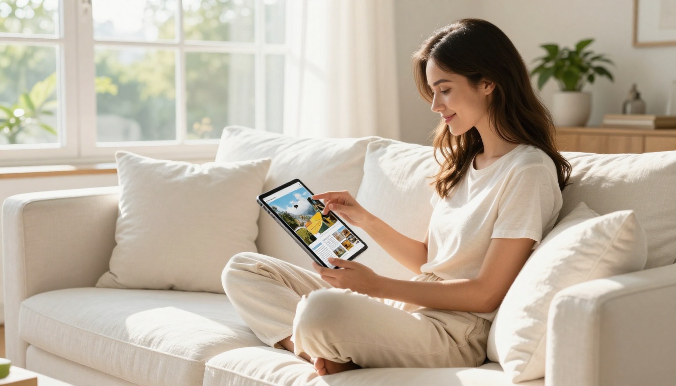 Woman reading digital travel magazine on iPad in bright living room Woman reading digital travel magazine on iPad in bright living room