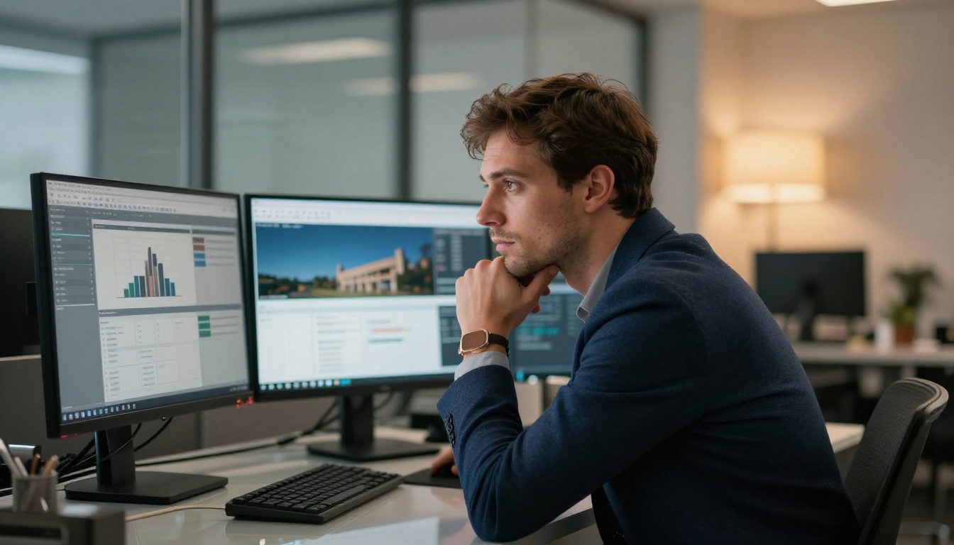 Business professional comparing two software dashboards on dual monitors Business professional comparing two software dashboards on dual monitors