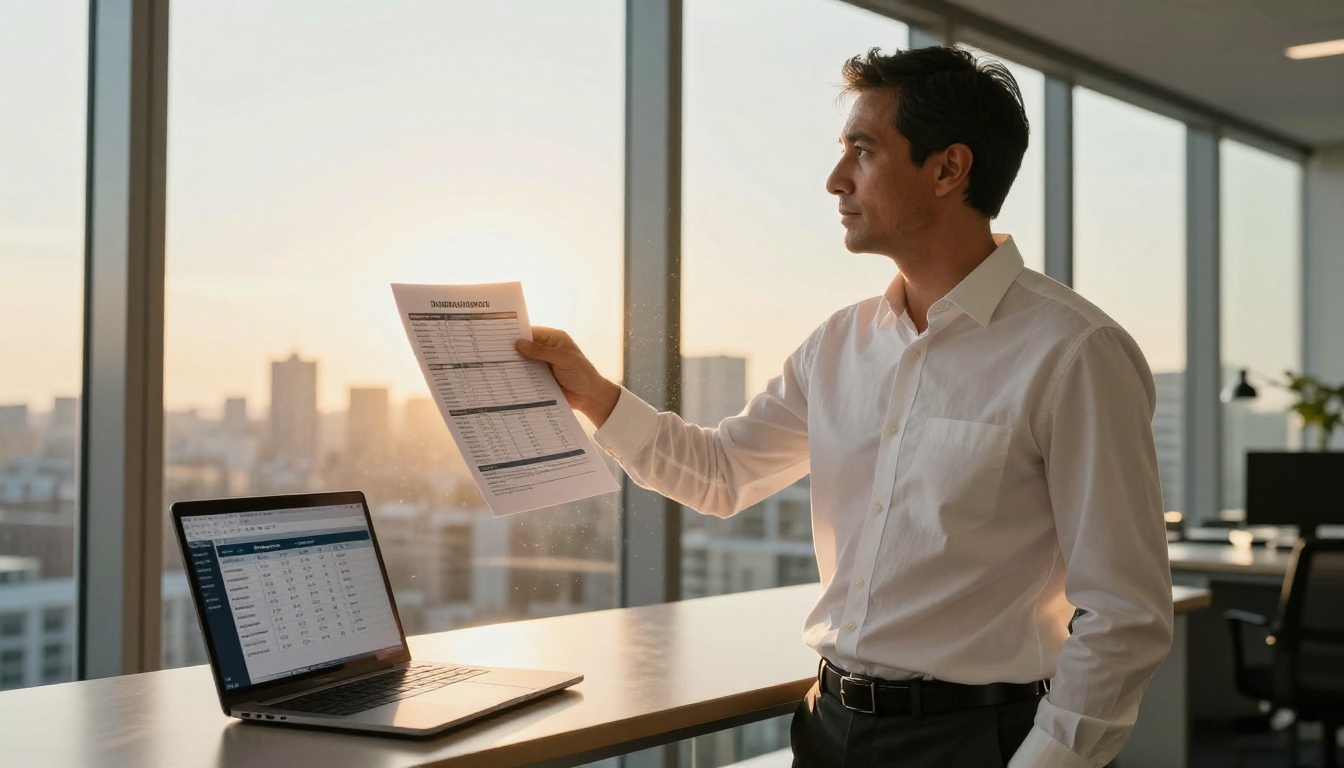 A businessman reviewing pricing comparison sheets next to a laptop displaying subscription pricing tables near a city skyline window