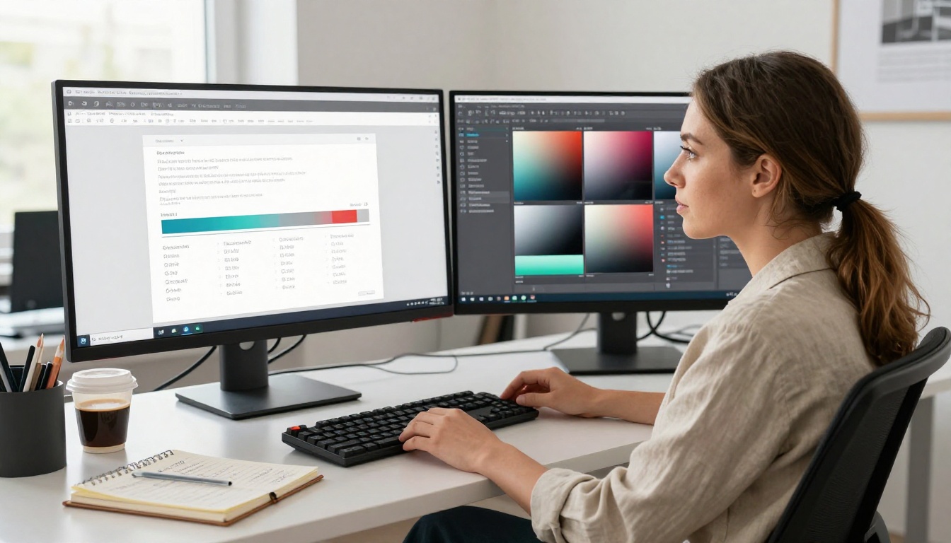 A professional female graphic designer seated at dual monitors in a bright open-plan office, one screen showing a PDF-to-flipbook conversion interface and the other showing a flat design tool with color palettes, natural overhead daylight from skylights above A professional female graphic designer seated at dual monitors in a bright open-plan office, one screen showing a PDF-to-flipbook conversion interface and the other showing a flat design tool with color palettes, natural overhead daylight from skylights above