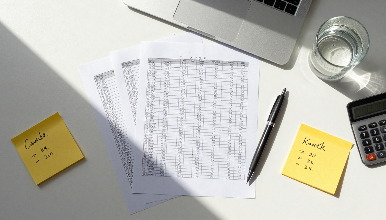 Overhead flat lay of pricing comparison documents on white desk with notes and calculator Overhead flat lay of pricing comparison documents on white desk with notes and calculator