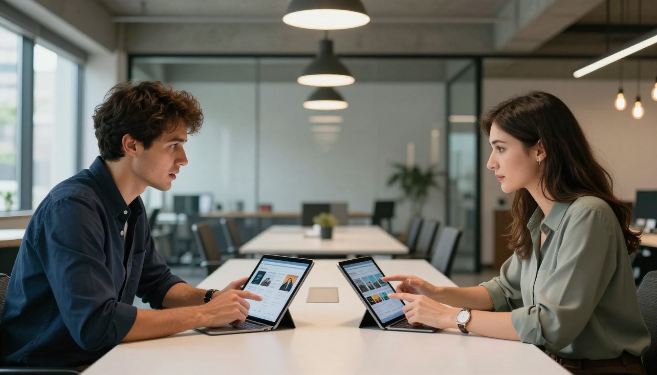 Two professionals comparing digital publishing platforms on tablets in a modern conference room Two professionals comparing digital publishing platforms on tablets in a modern conference room