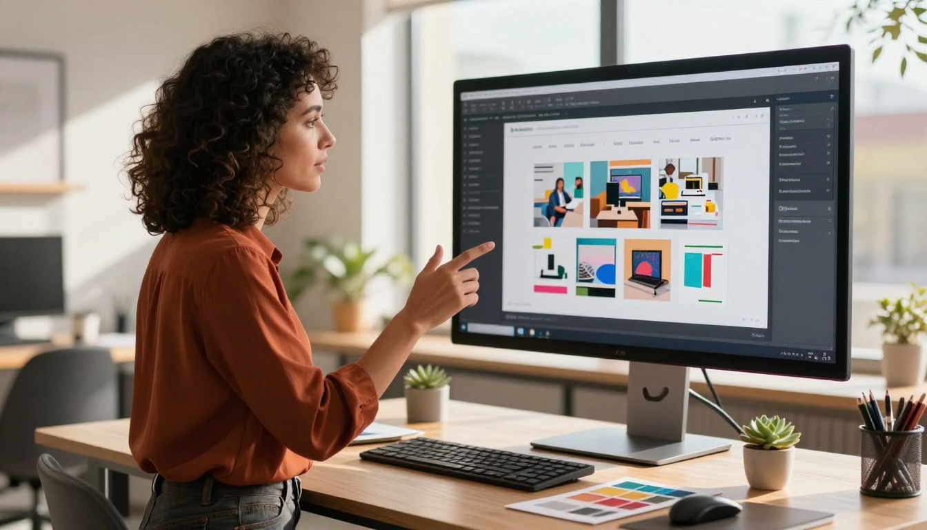 Marketing professional gesturing toward a vibrant digital catalog flipbook displayed on a large monitor Marketing professional gesturing toward a vibrant digital catalog flipbook displayed on a large monitor