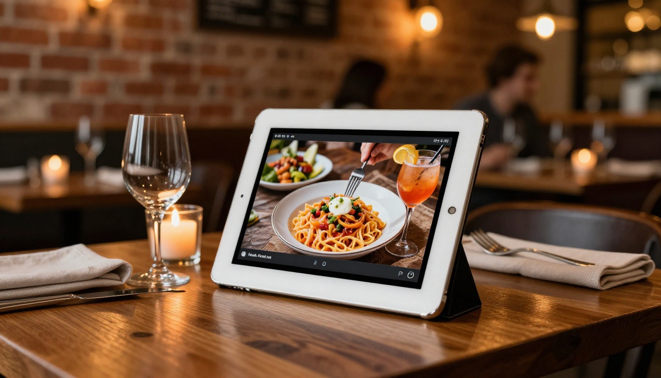 A white ceramic tablet propped on a wooden restaurant table displaying an interactive digital menu flipbook mid-flip, warm amber candlelight from the right, exposed brick bistro walls, wine glasses and linen napkin on the table, background diners softly blurred A white ceramic tablet propped on a wooden restaurant table displaying an interactive digital menu flipbook mid-flip, warm amber candlelight from the right, exposed brick bistro walls, wine glasses and linen napkin on the table, background diners softly blurred