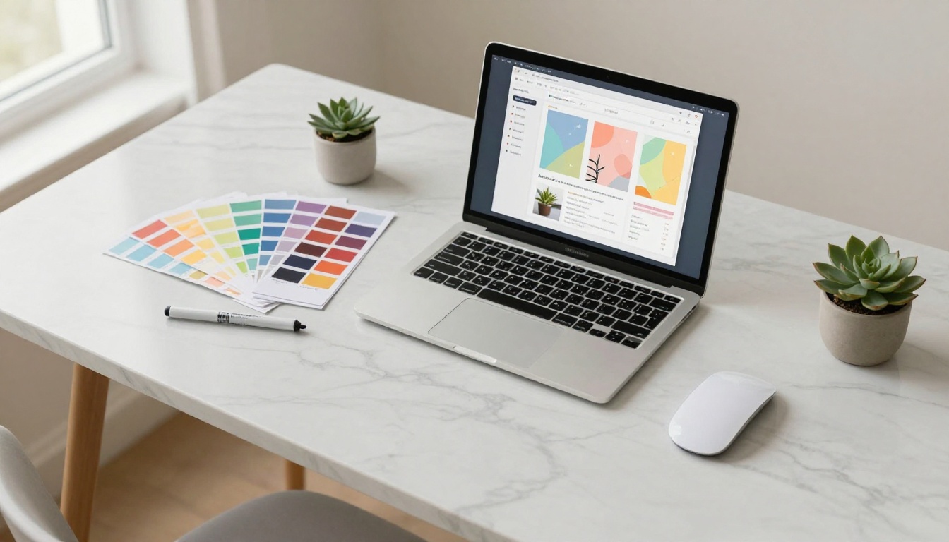 Aerial flat lay of a designer's workspace with an open MacBook showing a colorful brochure flipbook, color swatches, and creative tools on white marble