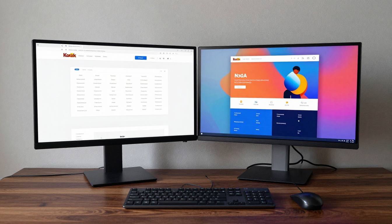 Wide dual-monitor desktop setup showing two different web platform interfaces side by side Wide dual-monitor desktop setup showing two different web platform interfaces side by side