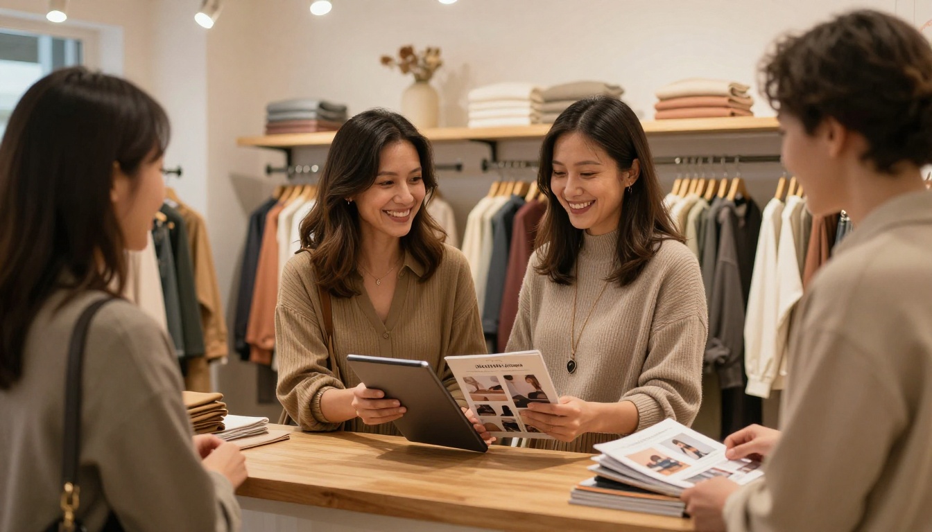 Boutique fashion store owner showing digital catalog on tablet to a customer Boutique fashion store owner showing digital catalog on tablet to a customer
