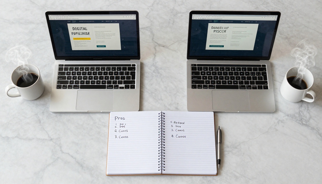 Aerial flat-lay of two laptops side by side on a marble desk with handwritten comparison notes between them Aerial flat-lay of two laptops side by side on a marble desk with handwritten comparison notes between them